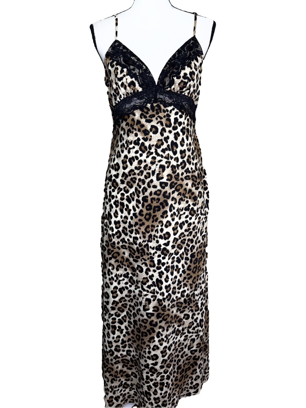 Le Lis Slip Dress Leopard Print Spaghetti Straps with Black Lace Accents New